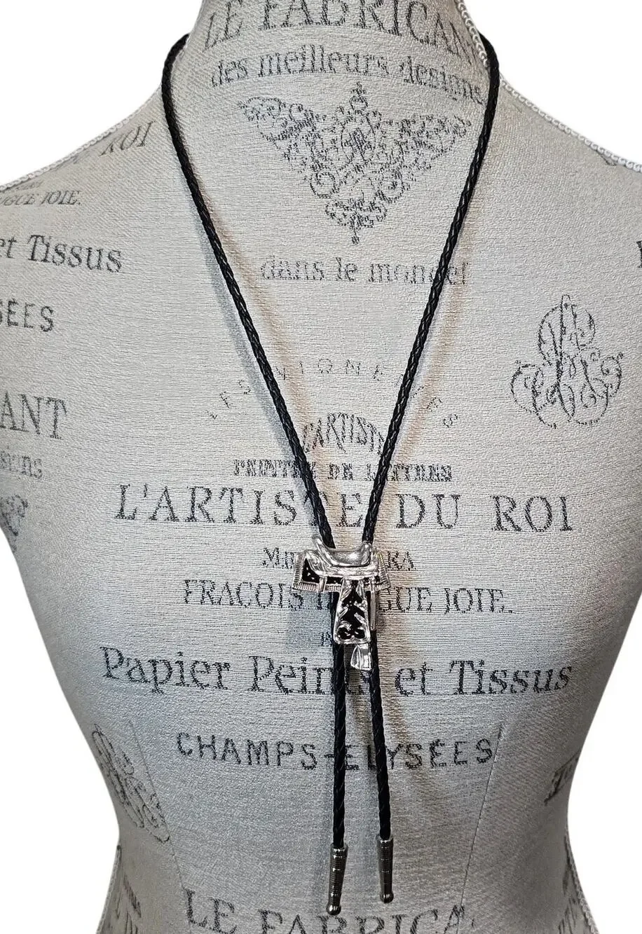 Old Country Western Silver & Black Saddle Leather Bolo Neck Tie Made In USA